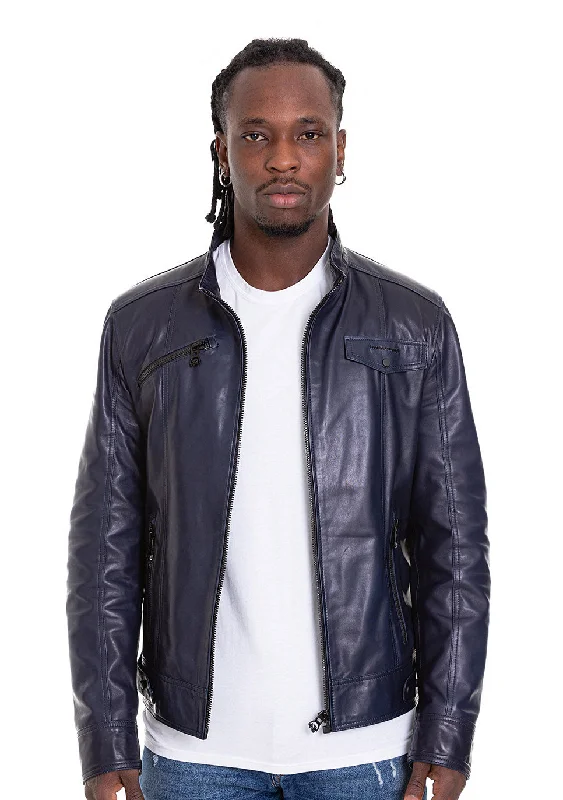 The Labanon Navy Blue Leather Men Jacket