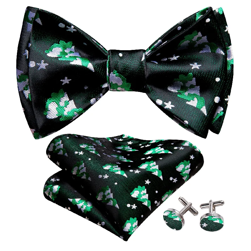 Barry Wang Christmas Black Green Xmas Tree Self Tied Mens Bow Tie Set