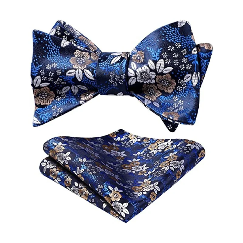 Floral Bow Tie & Pocket Square - A-NAVY BLUE/WHITE/BROWN