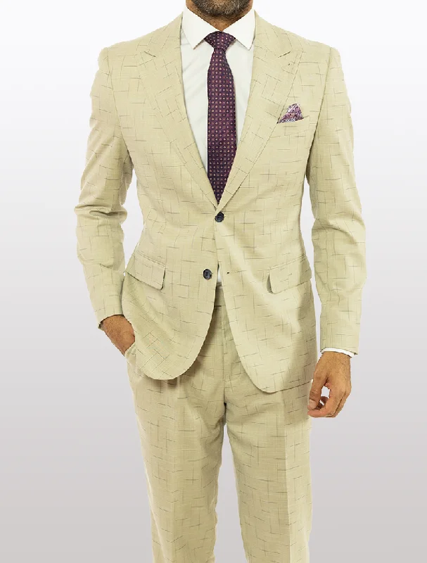 FUBU Tan with Navy Fading Windowpane Peak Lapel Suit