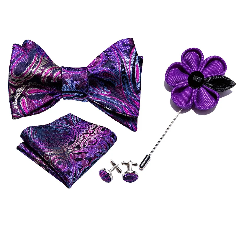 Purple Floral Self Tie Bow Tie Hanky Cufflinks Set