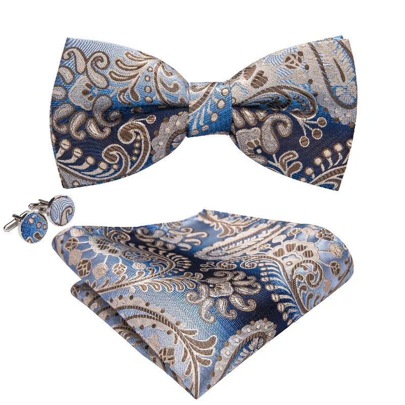 Luxury Paisley Pre-tied Bow Tie Hanky Cufflinks Set