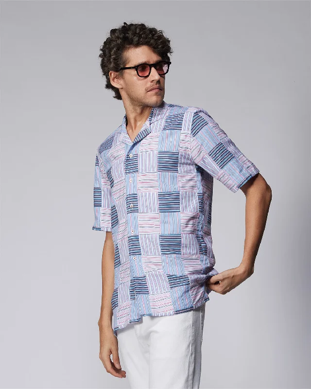 Japanese Patchwork Checked Shirt - Blue & Pink