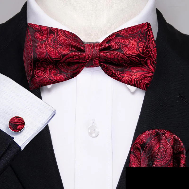 Barry.wang Red Tie Burgundy Paisley Pre-tied Bow Tie Hanky Cufflinks Set