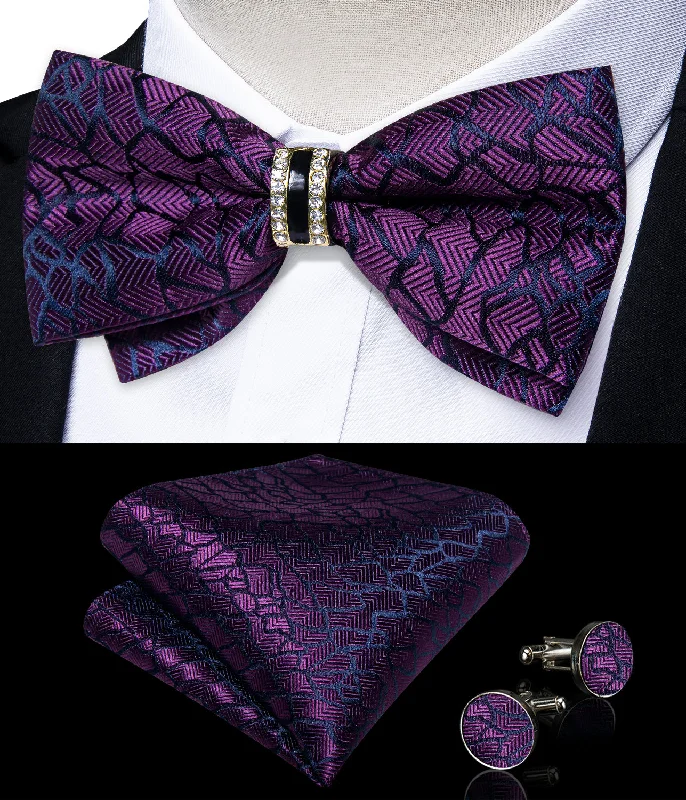 Dark Purple Blue Striped Herringbone Silk Pre-tied Ring Bow Tie Hanky Cufflinks Set