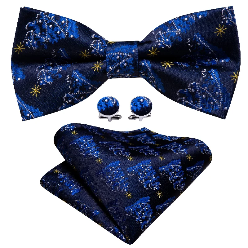 Barry Wang Christmas Blue White Xmas Tree Pre Tied Bow Tie Hanky Cufflinks Set