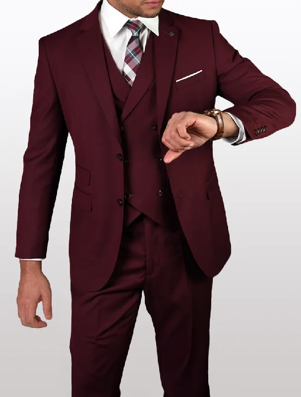 Statement Mens Burgundy Modern Fit 100% Wool Vested Suit