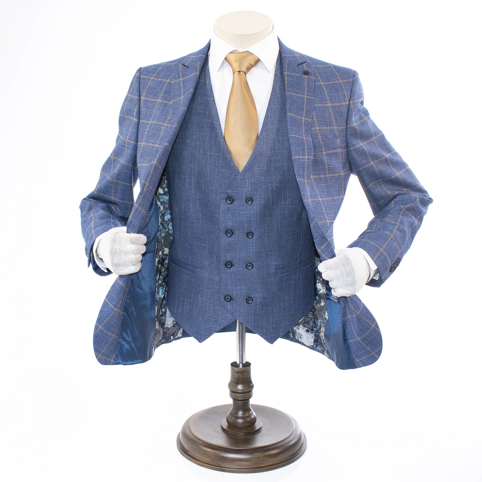 French Blue and Gold Window Pane Slim-Fit 3-Piece Suit