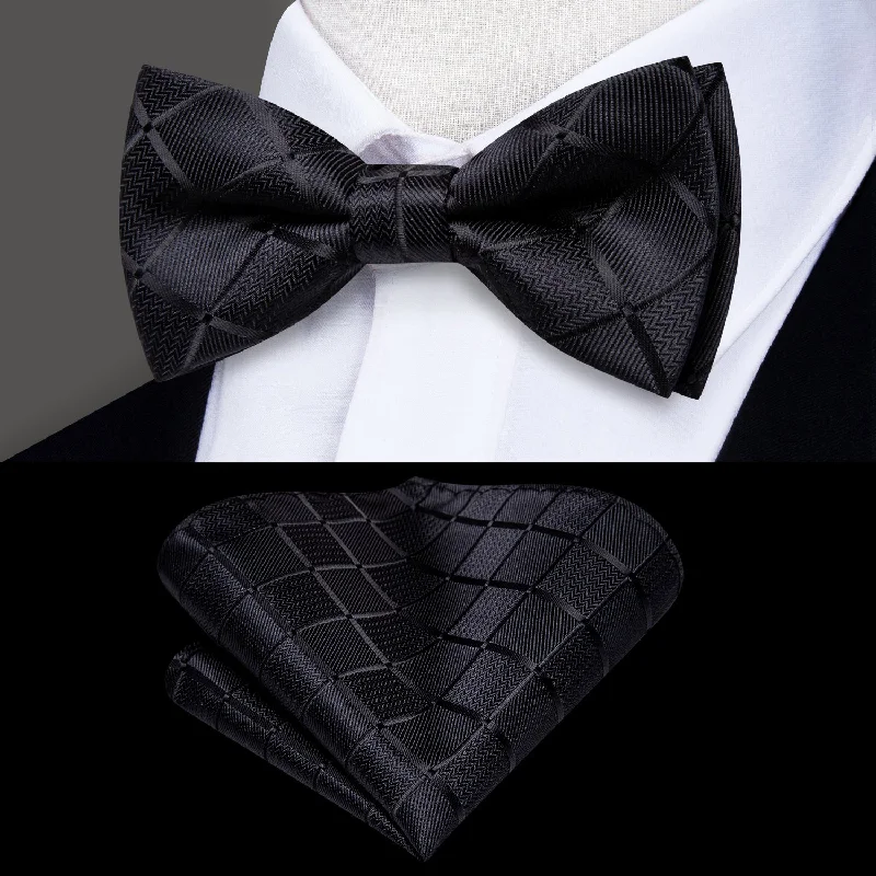 Classic Black Plaid Herringbone Children's Kids Bow Tie Pocket Square Set