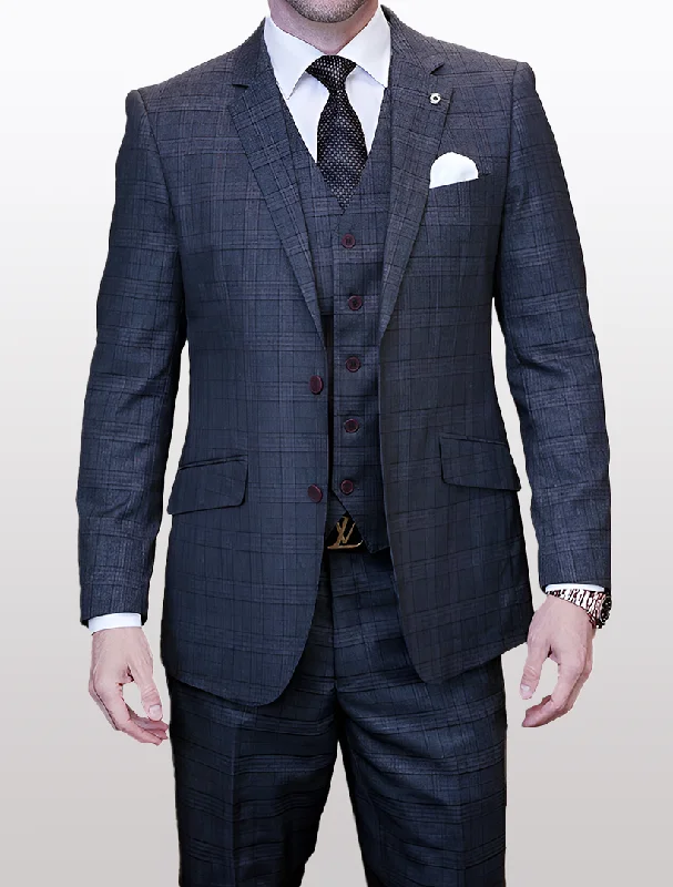 Statement Men's Charcoal Windowpane Plaid Modern Fit 100% Wool Vested Suit