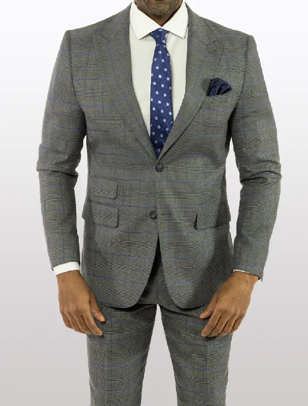 FUBU Grey with Blue Prince of Wales Patterned Peak Lapel Suit