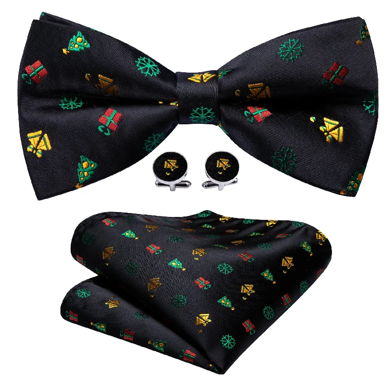 Barry Wang Christmas Black Xmas Pattern Bow Tie Hanky Cufflinks Set