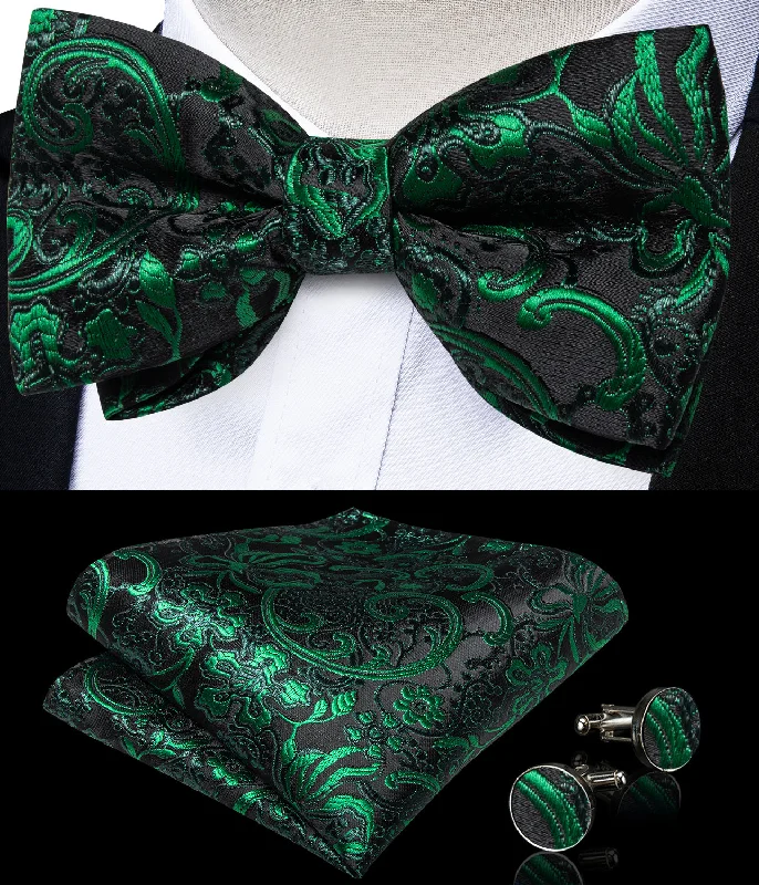 Black Green Floral Luxury Men's Pre-tied Bowtie Pocket Square Cufflinks Set