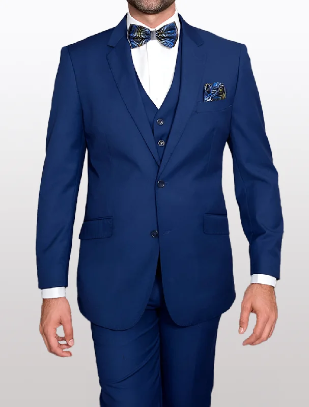 Statement Men's Solid Sapphire Blue Modern Fit 100% Wool Vested Suit