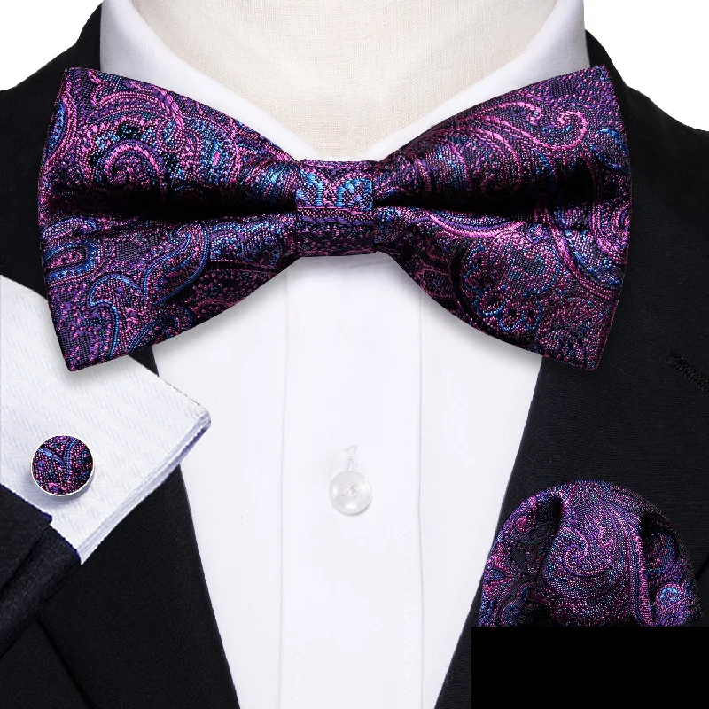 Purple RoyalBlue Paisley Pre-tied Bow Tie Hanky Cufflinks Set