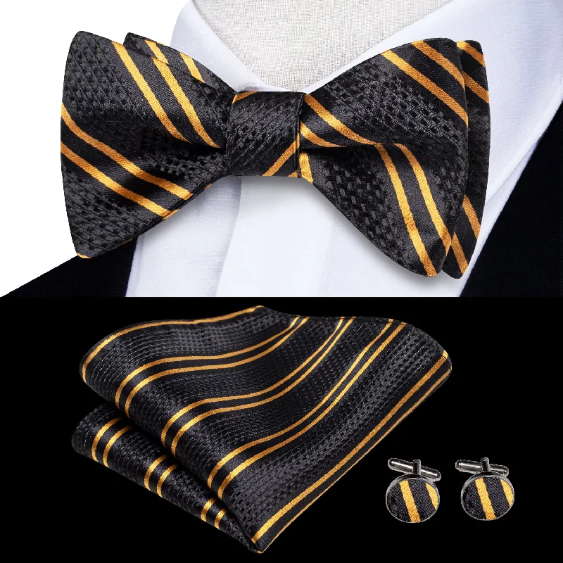 Black Golden Striped Self-tied Bow Tie Pocket Square Cufflinks Set