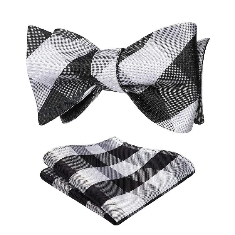 Plaid Bow Tie & Pocket Square Sets - E-BLACK/WHITE