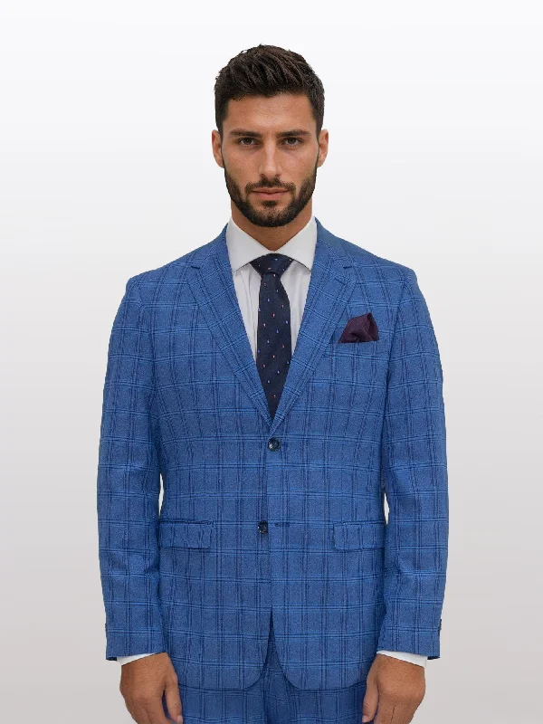 Men's Blue with Light Blue and Black Windowpane Slim Fit Suit