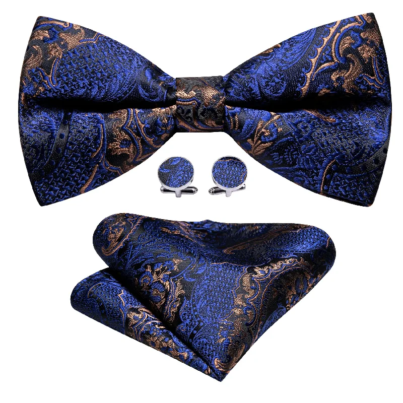 Barry.wang Blue Tie Gold Paisley Pre-tied Bow Tie Hanky Cufflinks Set