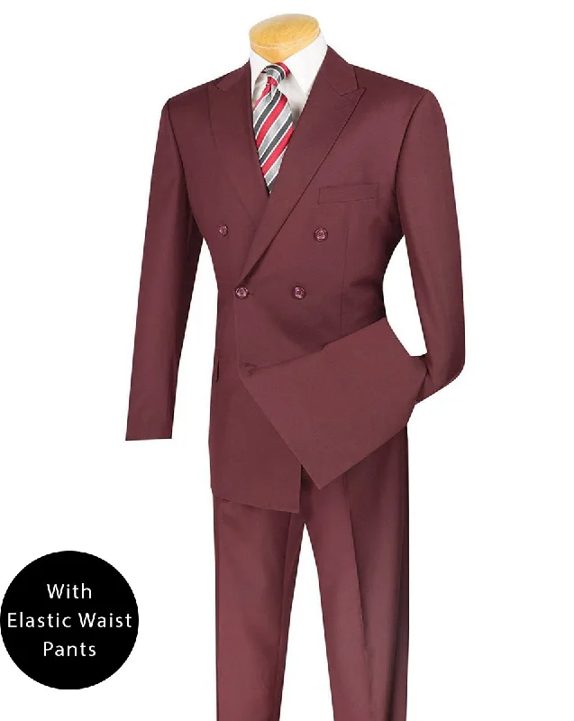 Ramses Collection - Burgundy Regular Fit Double Breasted 2 Piece Suit with Flexible Elastic Waistband