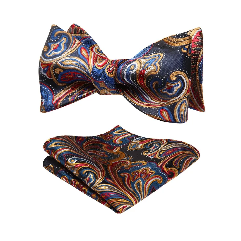 Paisley Floral Bow Tie & Pocket Square - A-BLUE/ORANGE