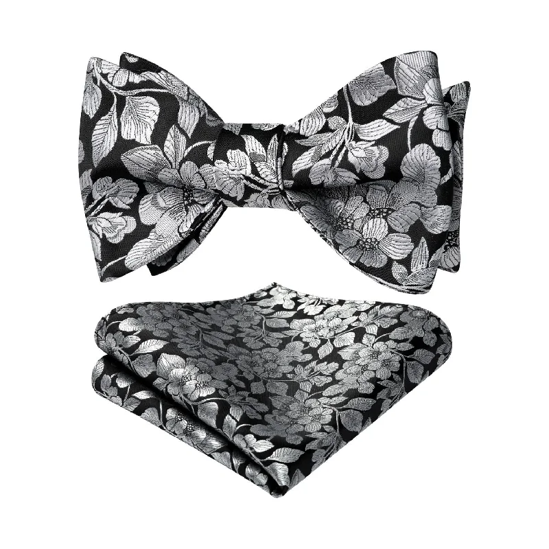 Floral Bow Tie & Pocket Square - BLACK/SILVER