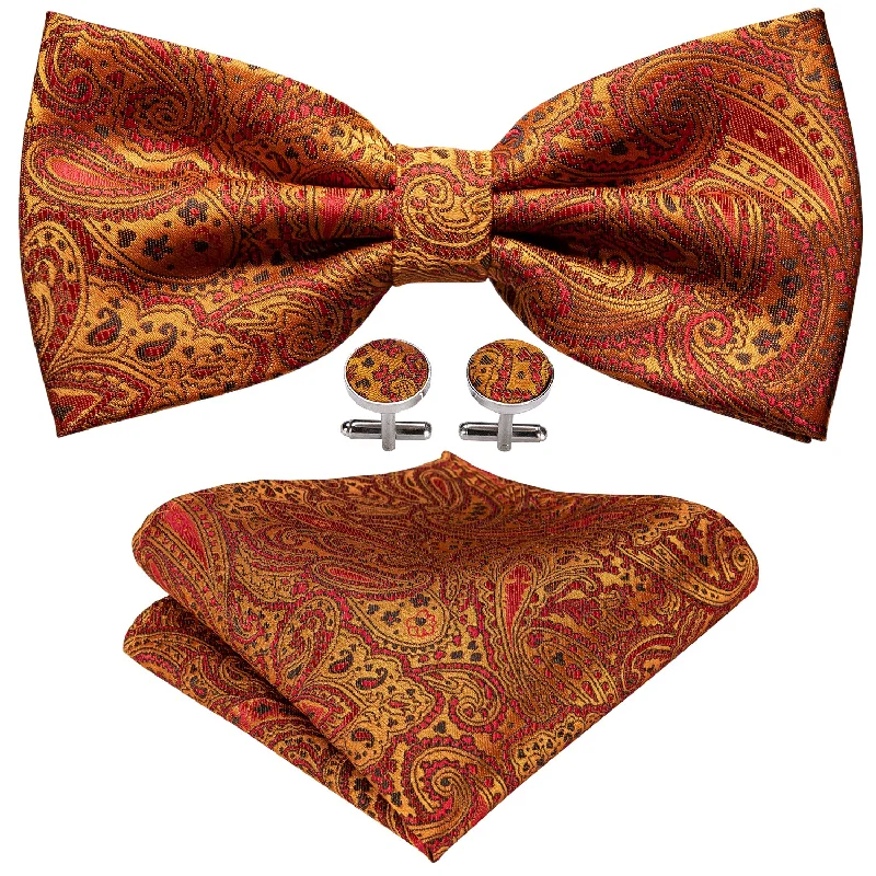 Orange Paisley Pre-tied Bow Tie Hanky Cufflinks Set