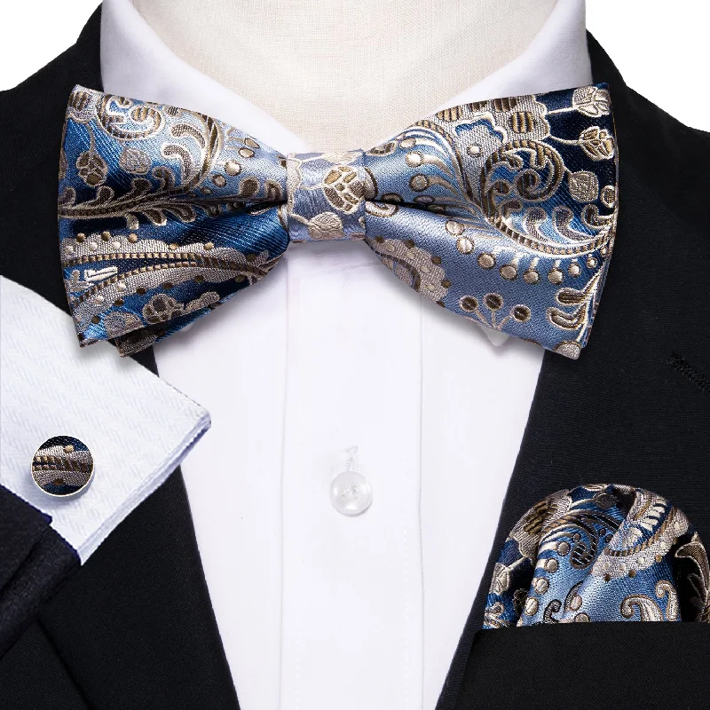 Barry Wang Blue Silver Paisley Pre-tied Bow Tie Hanky Cufflinks Set