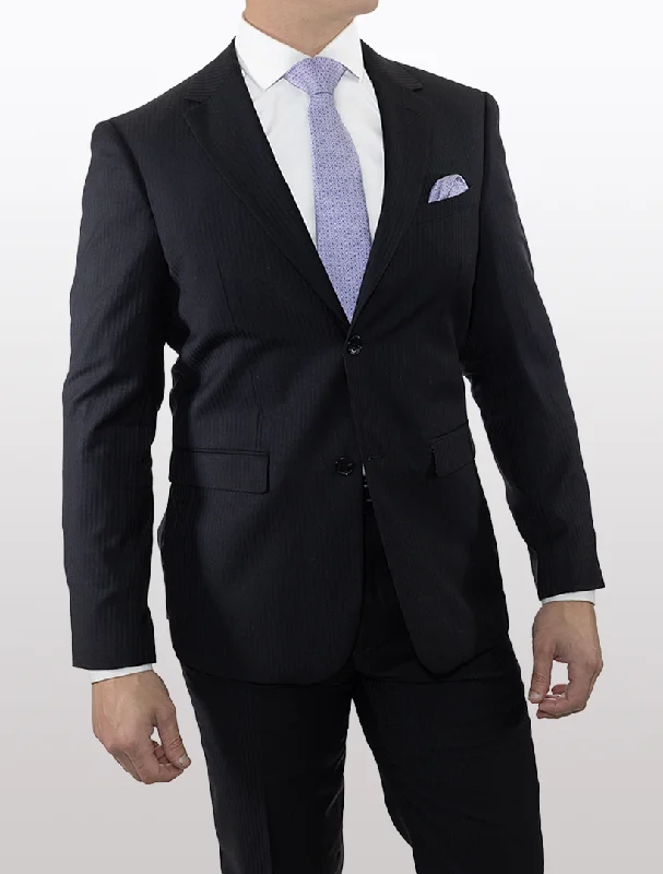 Men's Black Textured Chalk Stripe Wool Slim Fit Suit