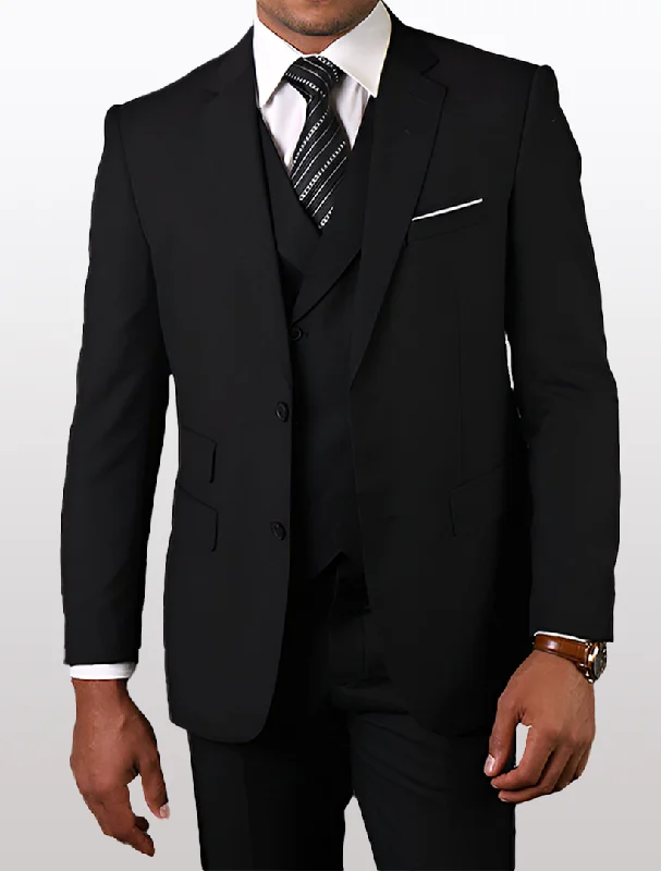 Statement Mens Black Modern Fit 100% Wool Vested Suit