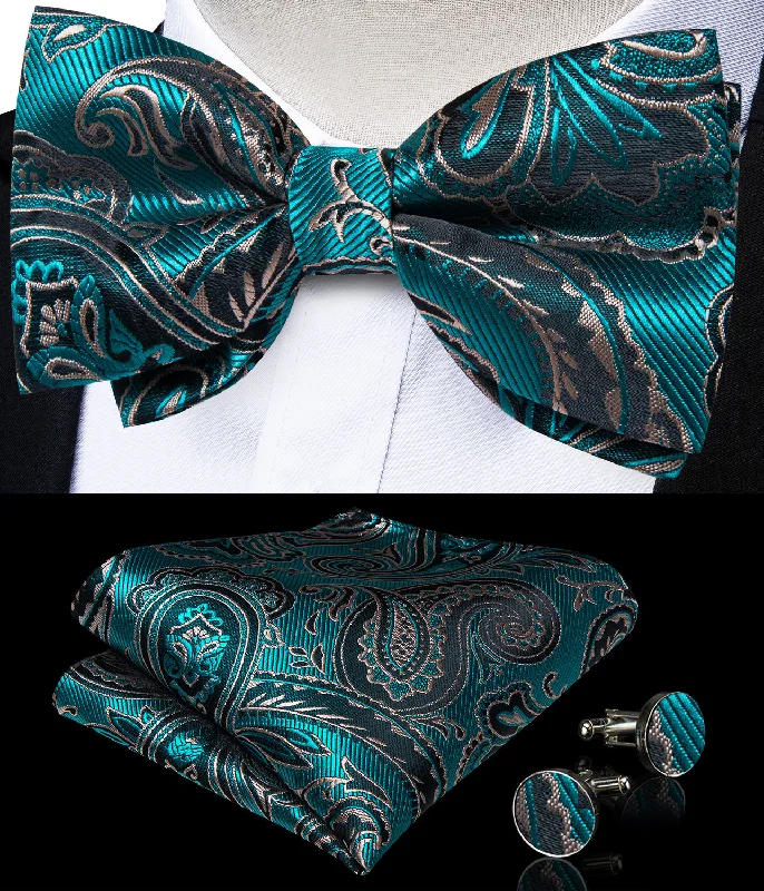 Black Blue Brown Paisley Luxury Men's Pre-tied Bowtie Pocket Square Cufflinks Set