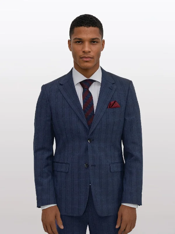 Men's Dark Blue with Black Double Windowpane Slim Fit Suit