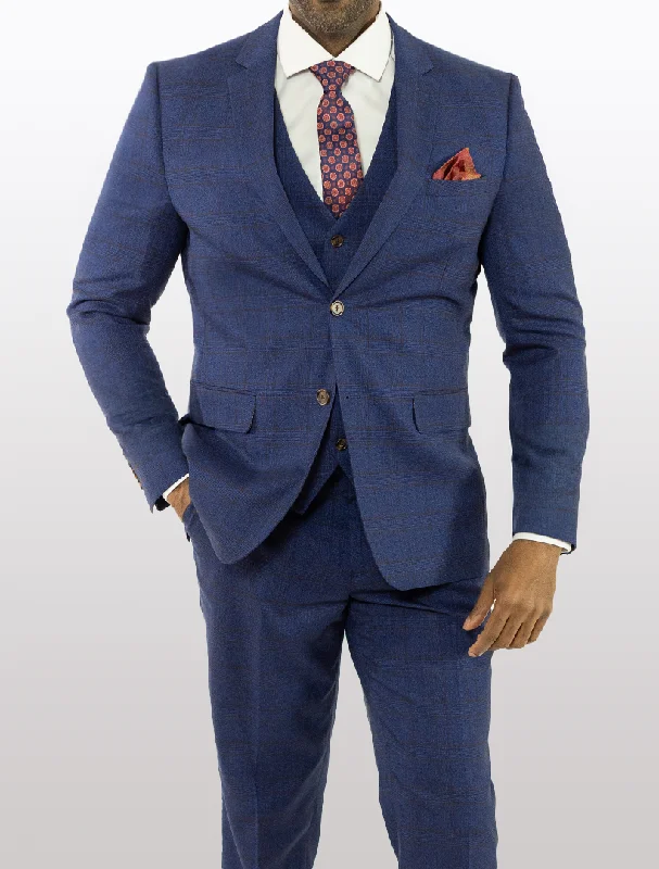 FUBU Navy with Brown Double Windowpane Vested Suit