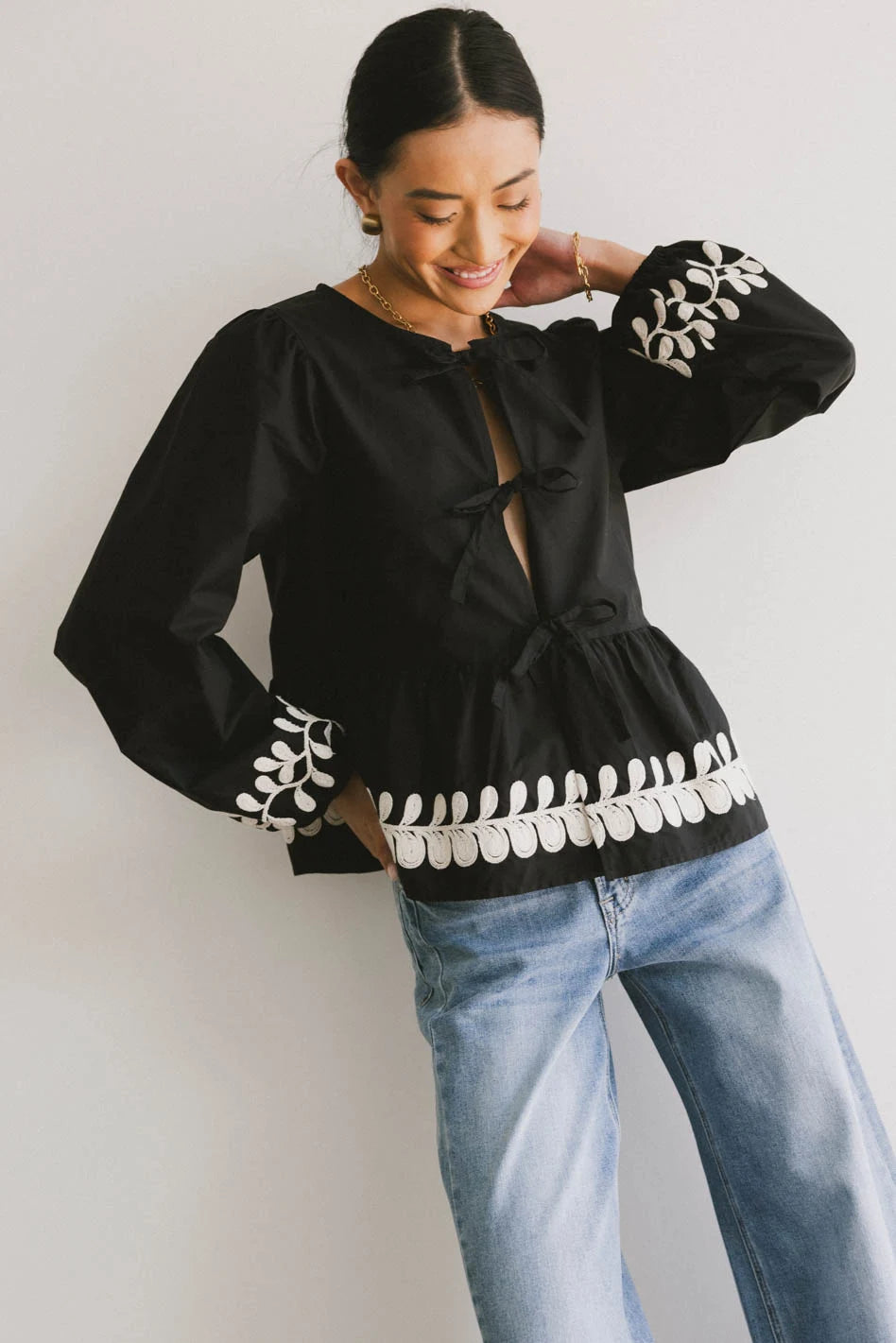 Stariana Embroidered Tie Blouse in Black