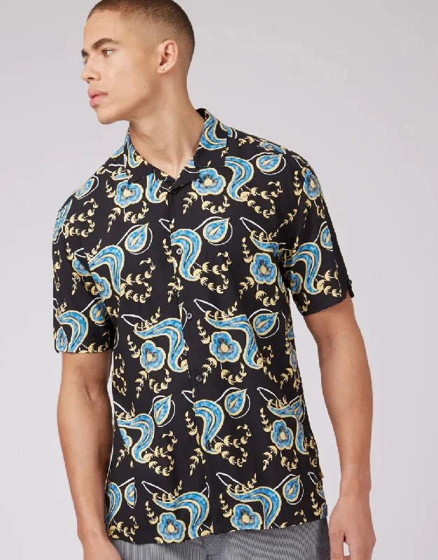 Ben Sherman Block Floral Print Black Short Sleeve Shirt