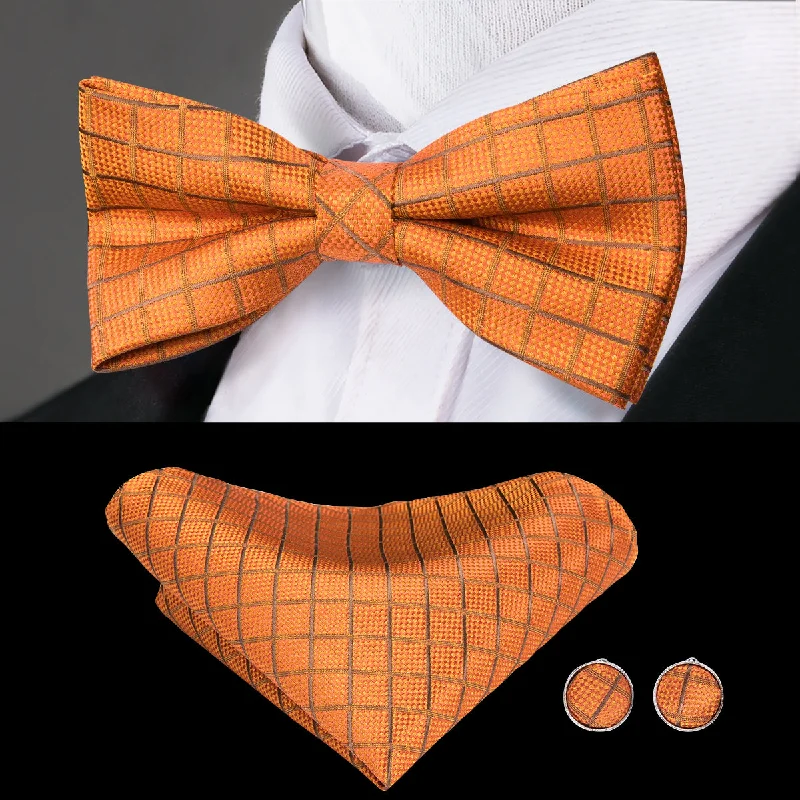 Silver Orange Plaid Pre-tied Bow Tie Hanky Cufflinks Set