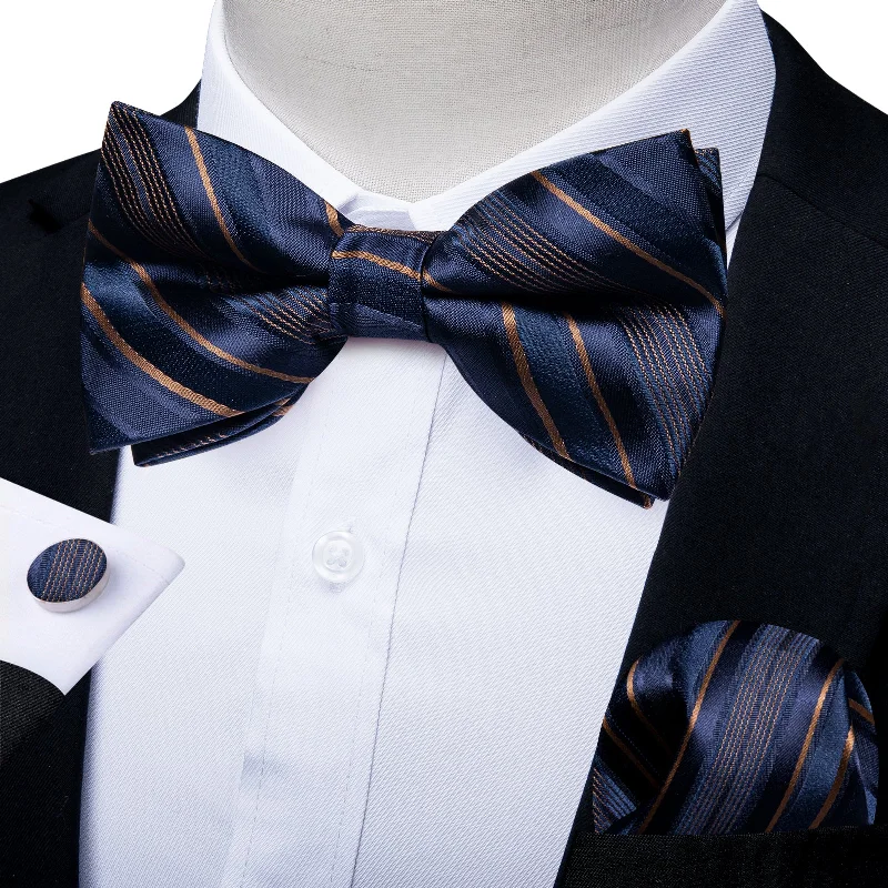 Navy Blue Striped Men's Pre-tied Bowtie Pocket Square Cufflinks Set