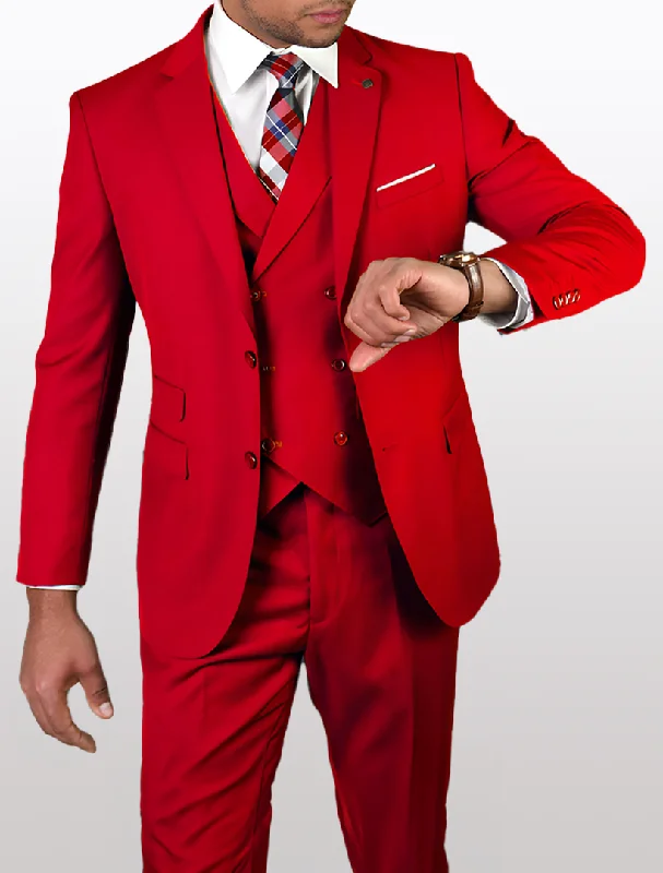 Statement Mens Red Modern Fit 100% Wool Vested Suit