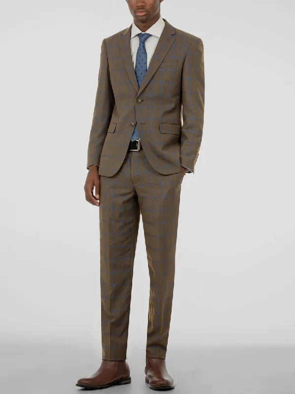 Golden Brown & Blue Windowpane Two Button Suit