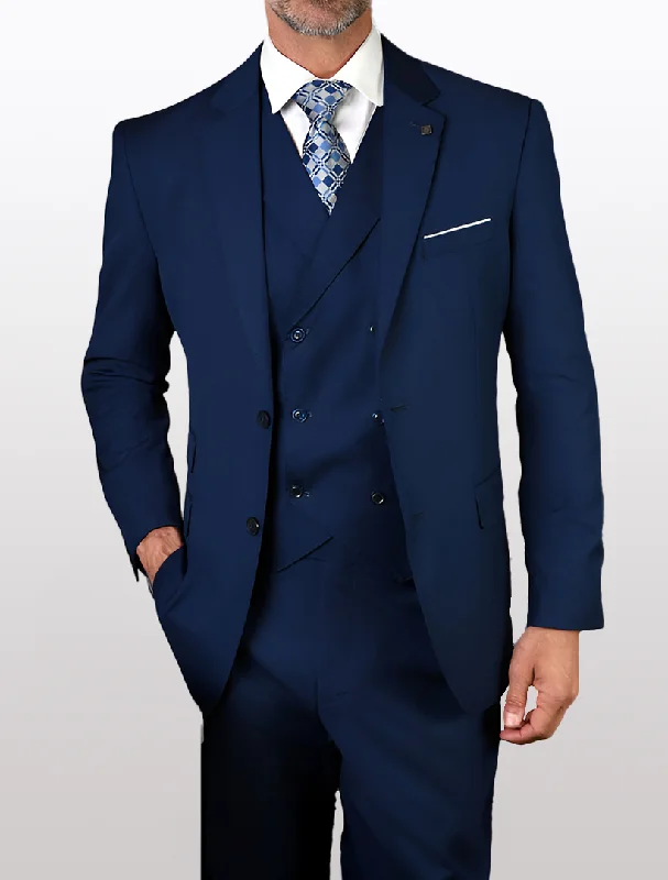 Statement Mens Sapphire Blue Modern Fit 100% Wool Vested Suit