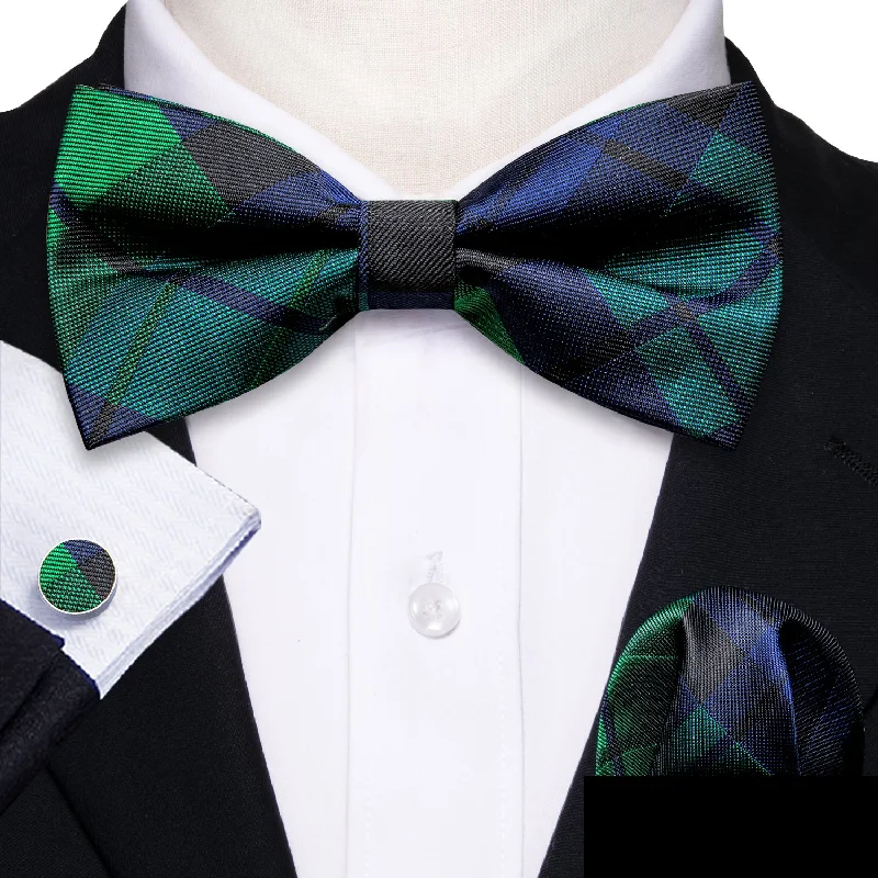 Green Blue Plaid Pre-tied Silk Bow Tie Pocket Square Cufflinks Set