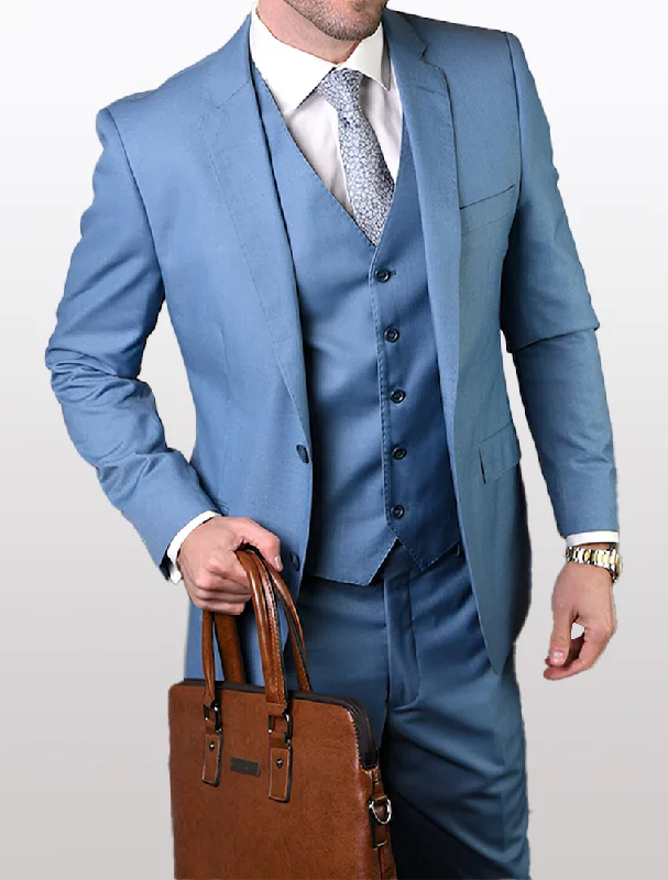 Statement Men's Solid Steel Blue Modern Fit 100% Wool Vested Suit