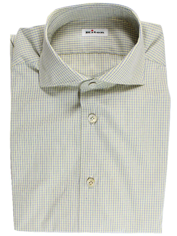 Kiton Dress Shirt White Lime Navy Check Spread Collar 44 - 17 1/2 REDUCED - SALE