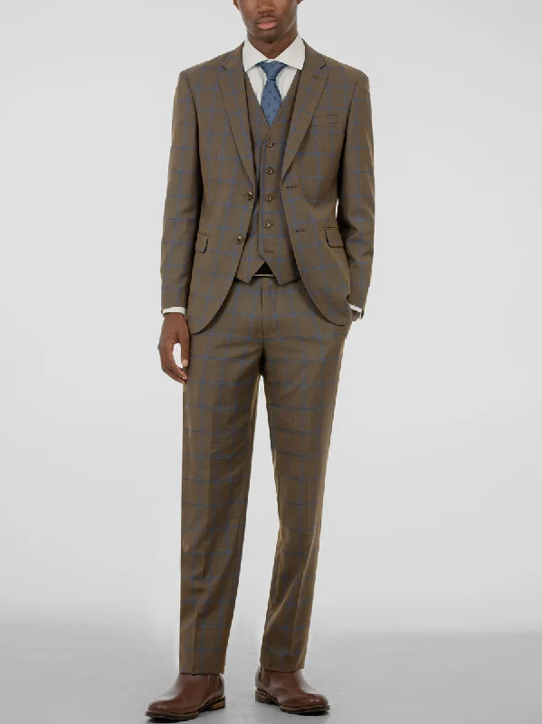 Golden Brown & Blue Windowpane Three Piece Suit