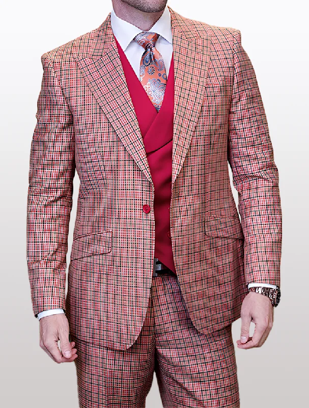 Statement Men's Red Graphic Modern Fit 100% Wool Vested Suit