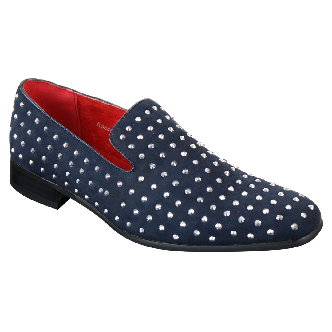 Mens Suede Slip On Loafers Shoes Stud Spikes Silver Smart Casual Shiny Party Navy Blue