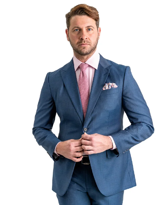 Blue Super 100s Sharkskin Peak Lapel Suit Jacket