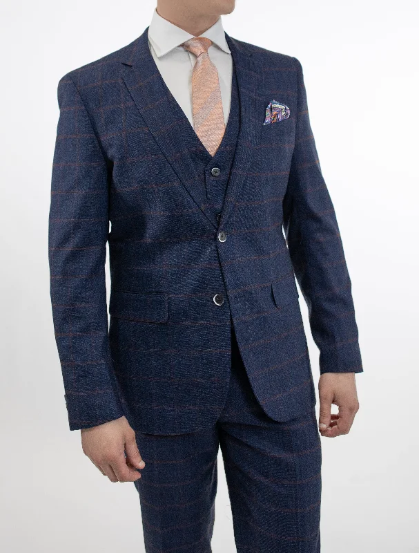 FUBU Dark Blue and Burgundy Windowpane Vested Suit