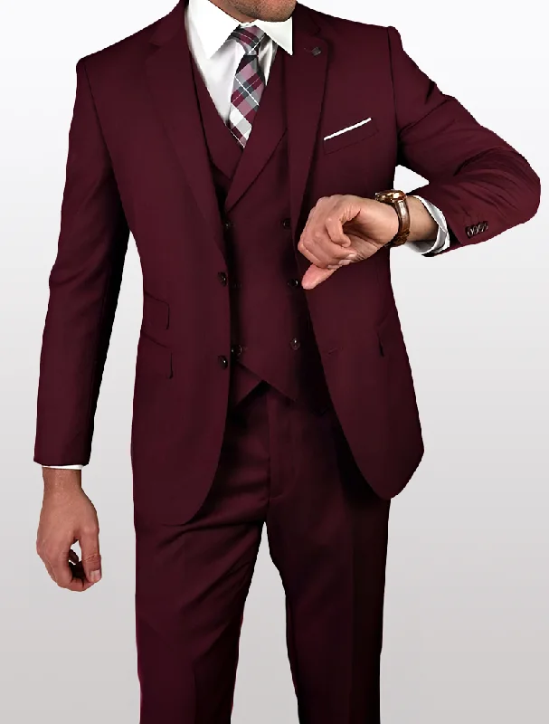 Statement Men's Solid Burgundy with Double-Breasted Vest 100% Wool Vested Suit