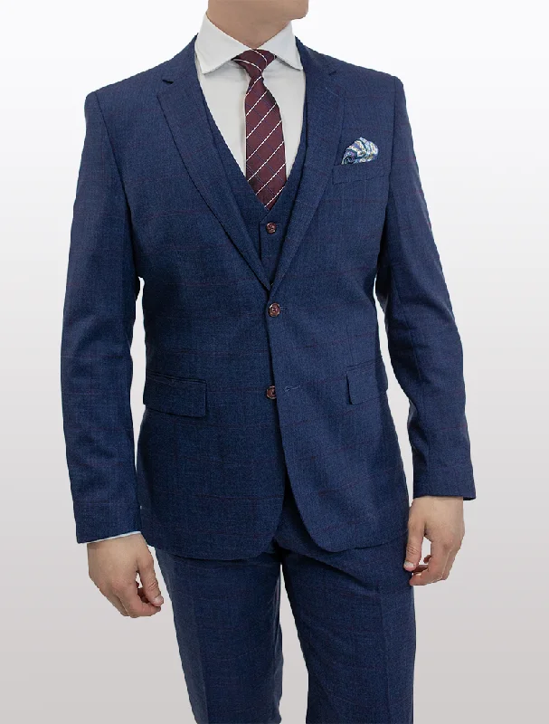 FUBU Blue Crosshatch and Burgundy Windowpane Vested Suit